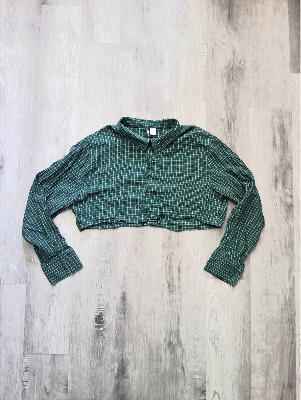 H&M Divided Womans Lg Dark Green & White Windowpane Plaid Crop Top Cotton Blouse